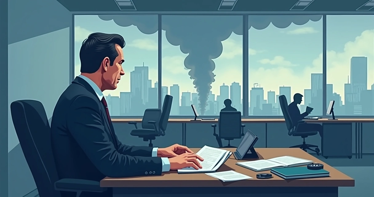 Empresário sentado à mesa com expressão de preocupação em escritório vazio e documentos sobre força maior 