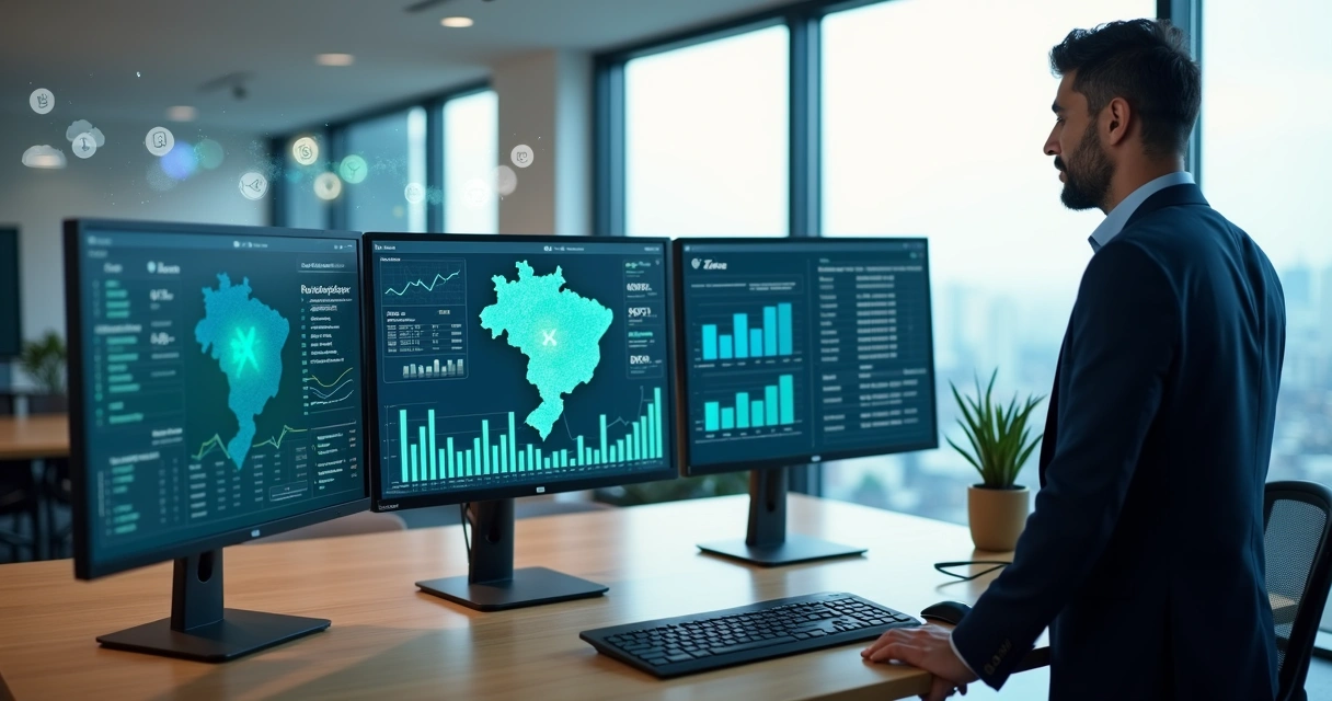 Empresário analisando gráficos fiscais digitais em vários monitores 