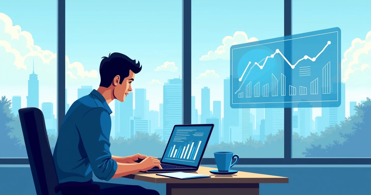 Executivo em Curitiba analisando gráficos digitais em notebook 
