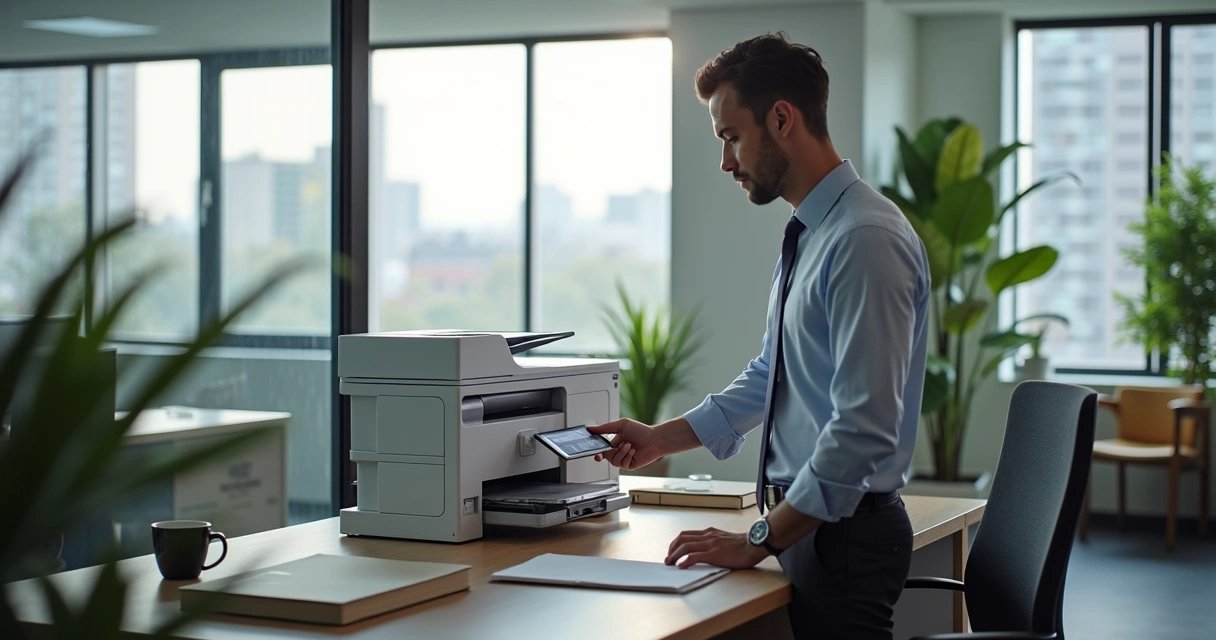 Empresário operando multifuncional em escritório moderno 