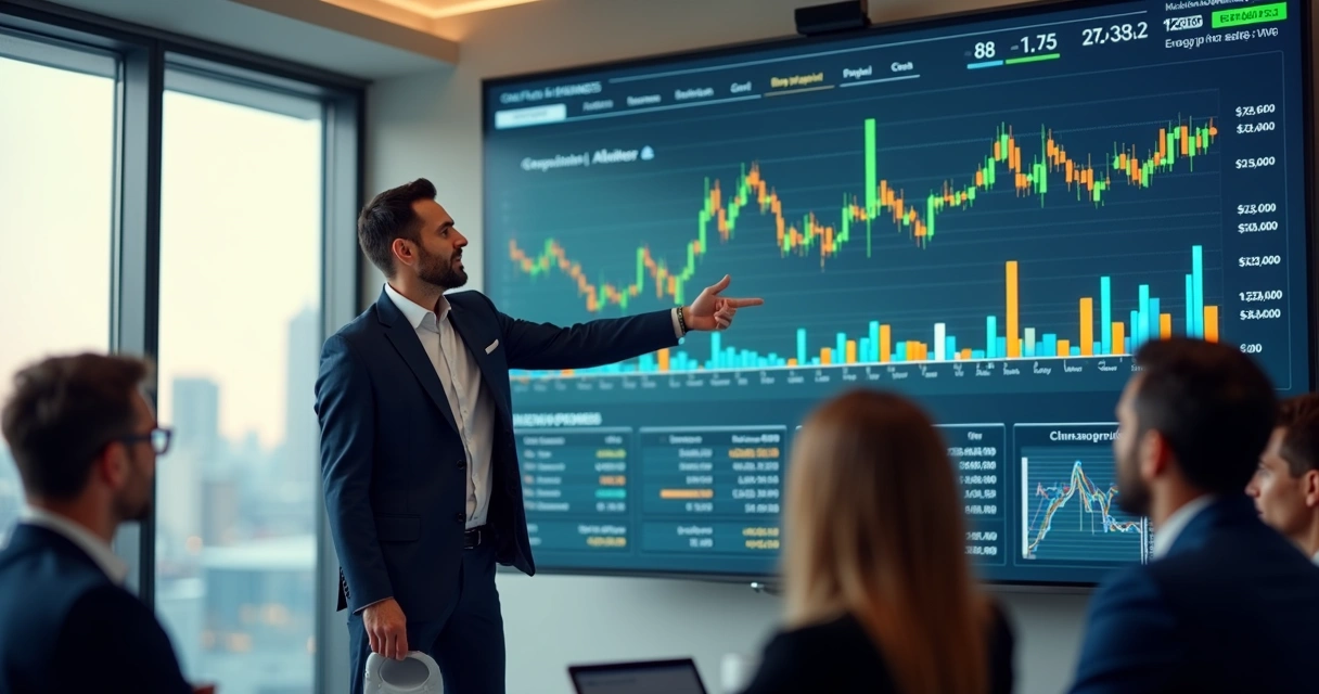 Gestor avaliando painel financeiro digital em sala de reuniões 
