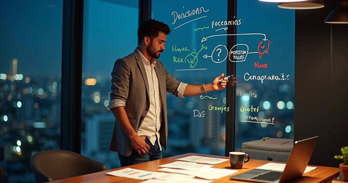 Empresário de PME avaliando opções estratégicas sob incerteza em quadro de vidro 