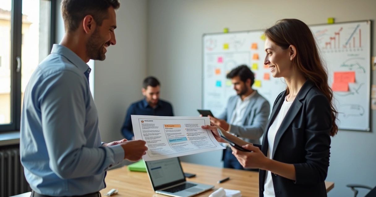 Empresário de pequena empresa entregando checklist organizado para colaboradora em escritório moderno 