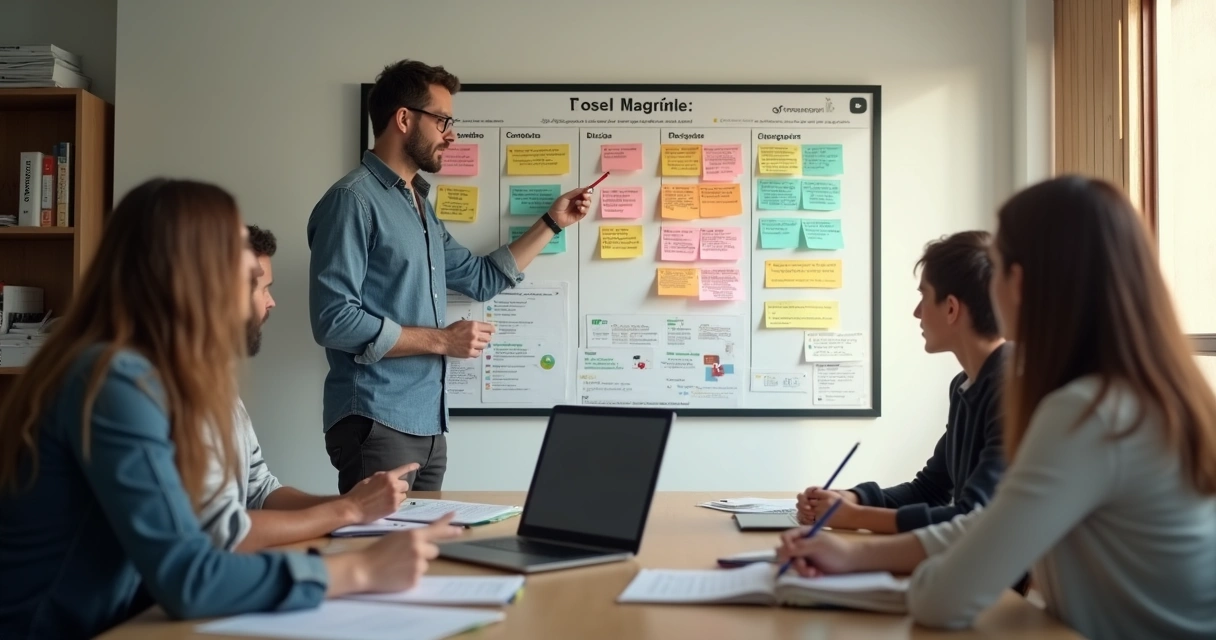 Empresário explicando processo de delegação em frente a quadro kanban colorido 