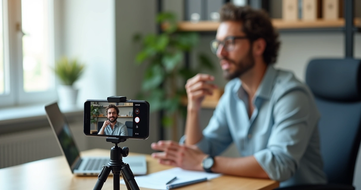 Empresário gravando depoimento em vídeo com smartphone em escritorio simples 