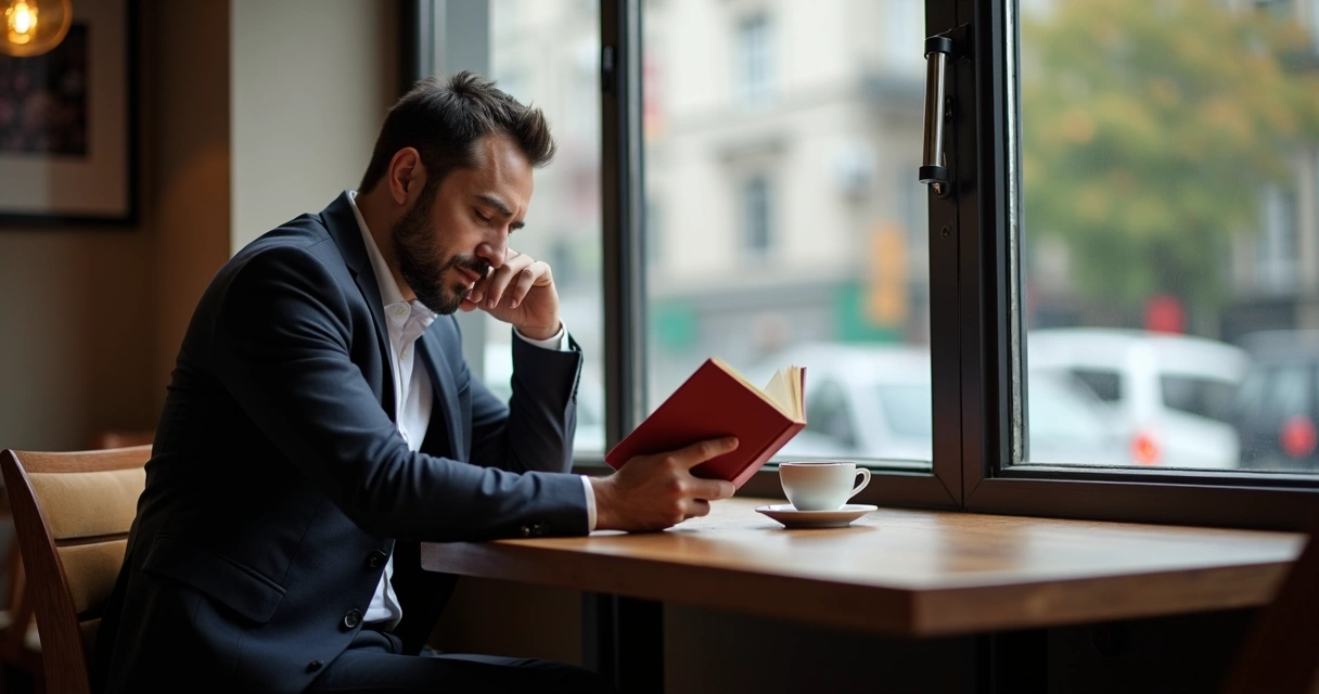 Empresário sentado em uma cafeteria lendo um livro, celular desligado ao lado 