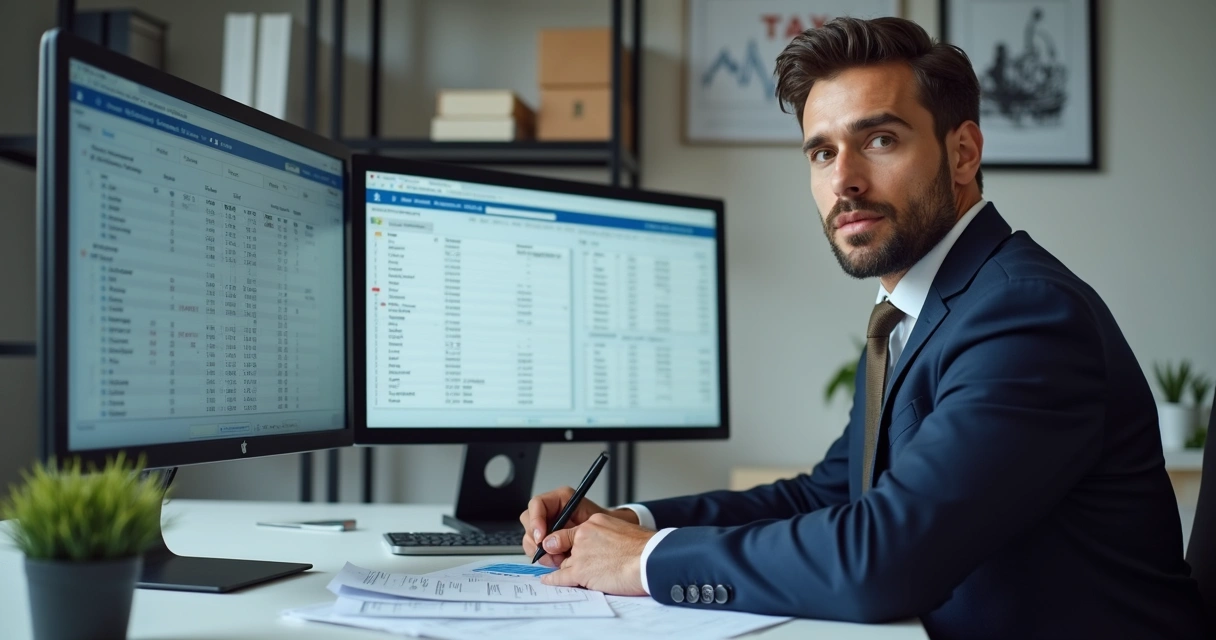 Empresário preenche documentos fiscais em frente ao computador 