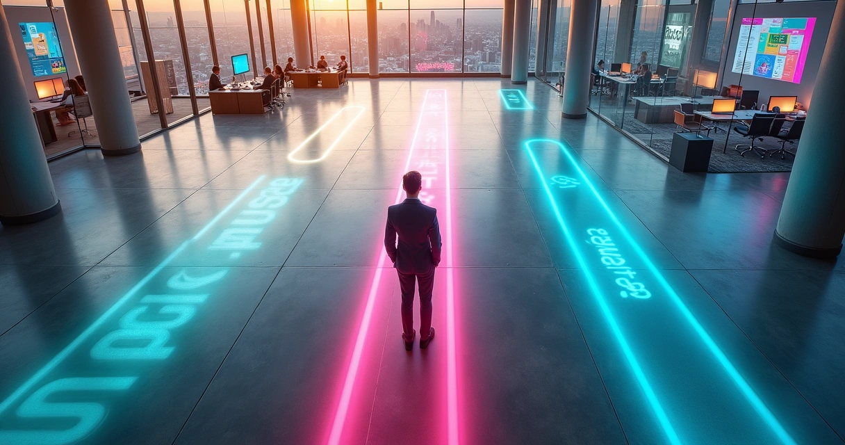Empresário em encruzilhada com diferentes caminhos de tecnologia 