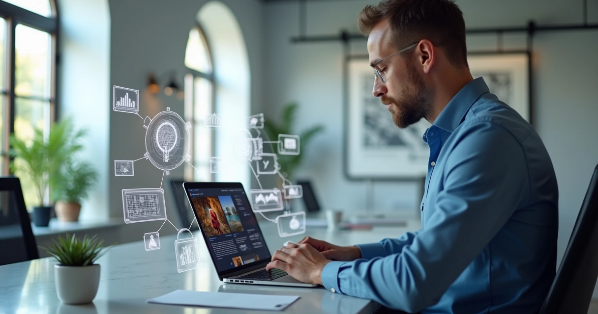 Empresário em frente a notebook revisando site moderno da empresa 