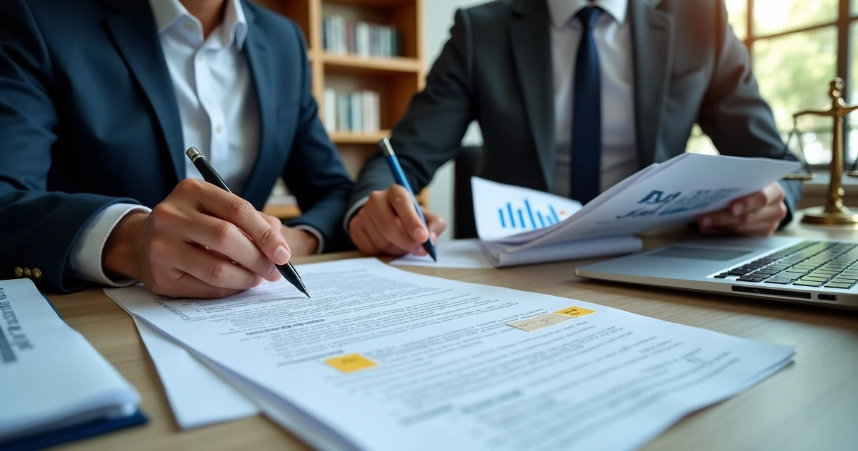 Empresário com advogado analisando documentos de dissolução de sociedade em sala de reunião 