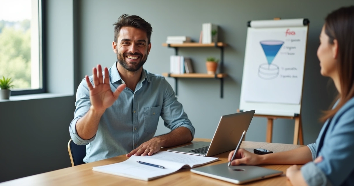 Empresário em reunião levantando a mão sinalizando não com calma 
