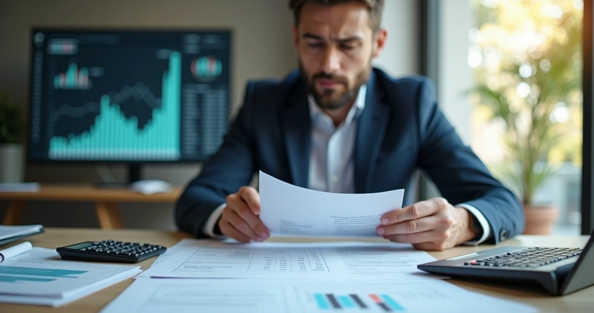Empresário com expressão de dúvida revisando documento fiscal 