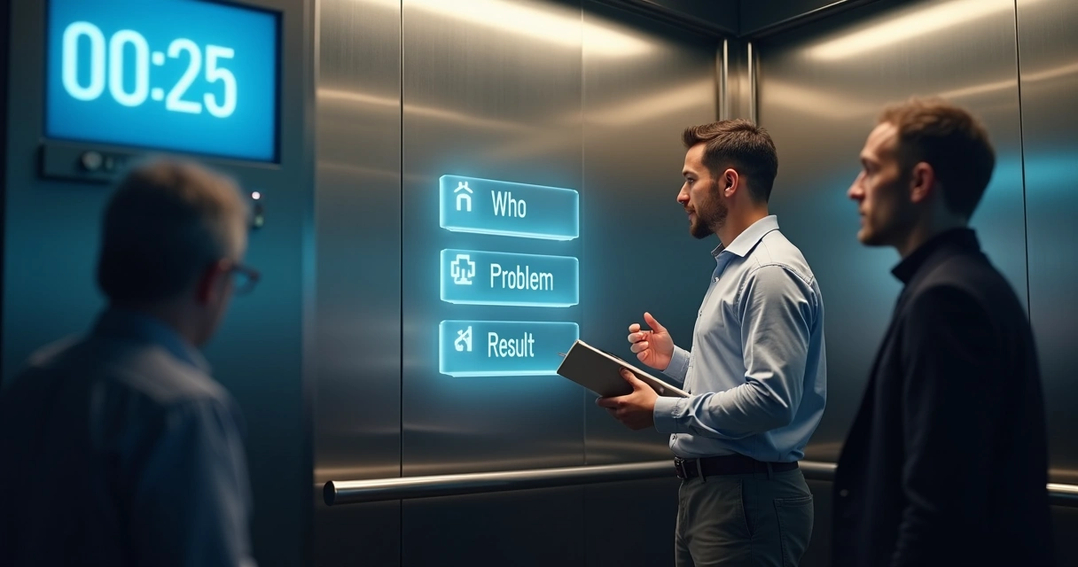 Empresário em elevador fazendo pitch rápido olhando para relógio de parede 