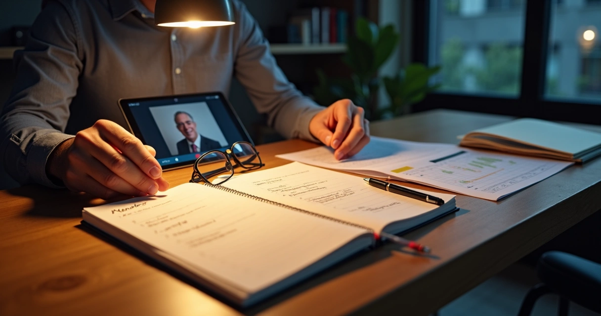 Empresário sentado em frente a caderno comparando opções de mentoria 