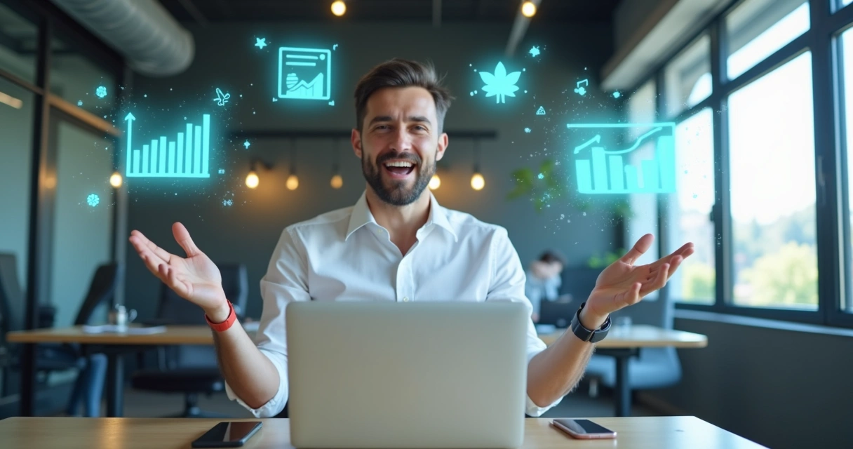 Empresário gesticulando em vídeo nas redes sociais, com ícones digitais ao fundo. 