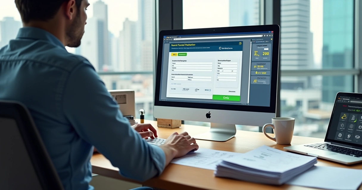 Empresário em escritório emitindo Nota Fiscal Paulistana no computador 