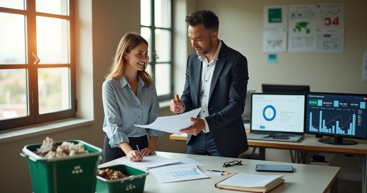 Empresária e empresário analisando relatório ESG com materiais recicláveis ao fundo 