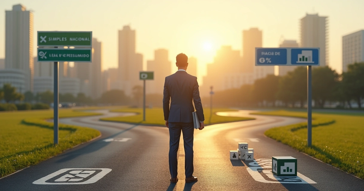 Empresário em pé em encruzilhada com placas para diferentes regimes tributários 