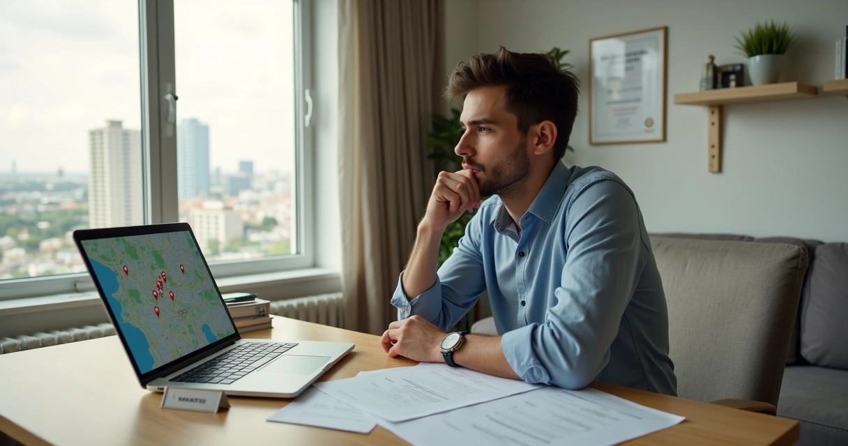 Empresário analisando opção de endereço fiscal virtual em mapa digital na mesa de trabalho 