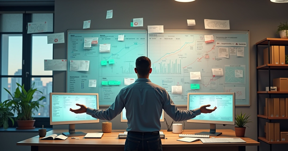 Empresário em sala moderna equilibrando gráficos de crescimento acelerado com organização 