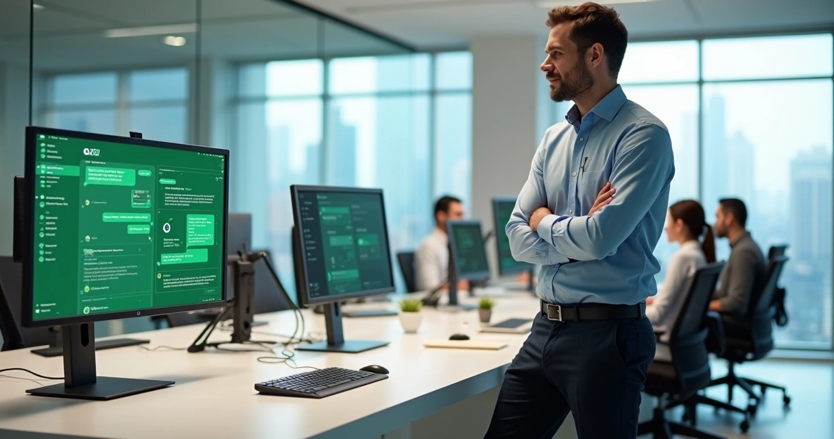 Empresário analisando painel de atendimento com equipe usando WhatsApp no computador 