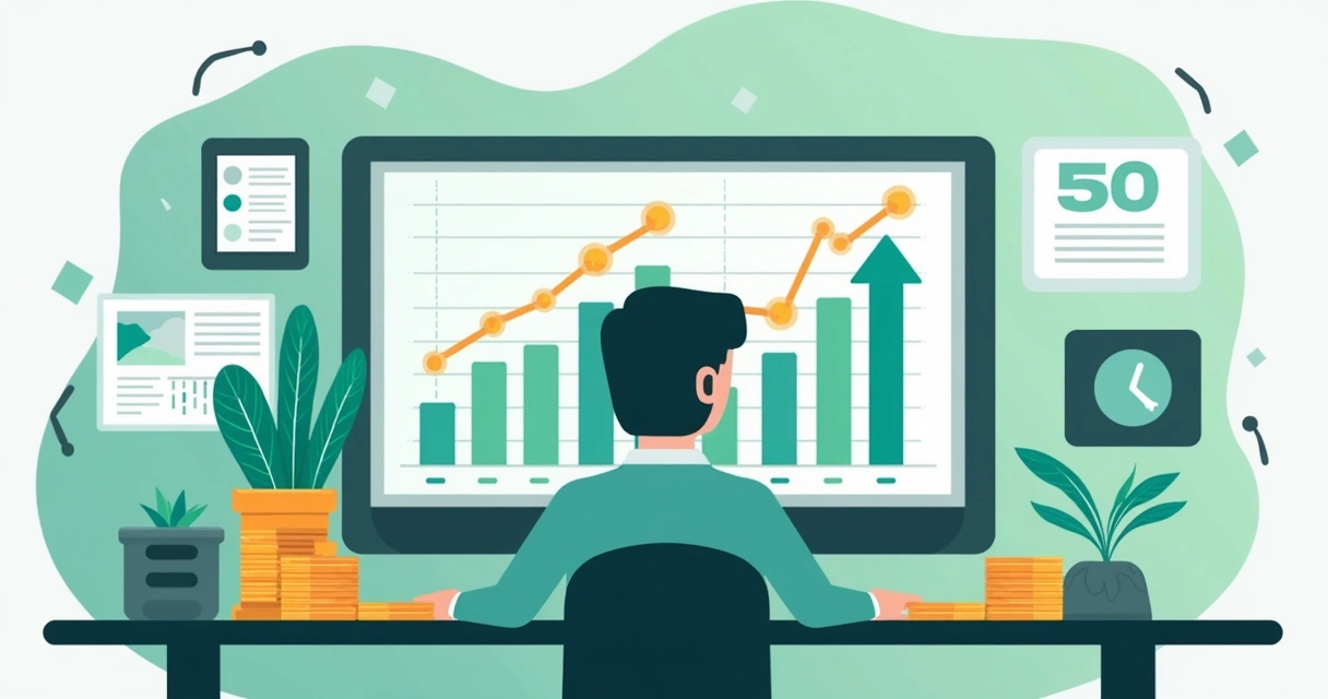 Empresário diante de tela grande mostrando gráficos subindo e diversos módulos integrados, transmitindo crescimento com ERP automatizado 