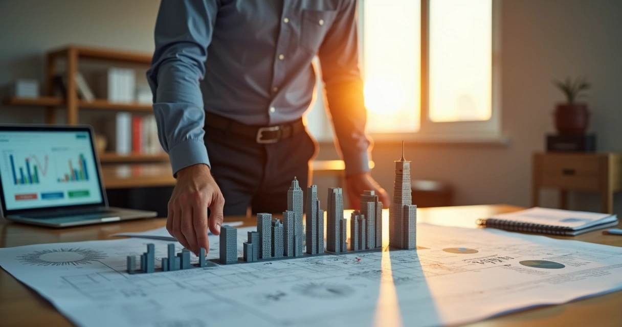 Empresário analisa dois prédios em miniatura representando formas diferentes de crescimento empresarial 