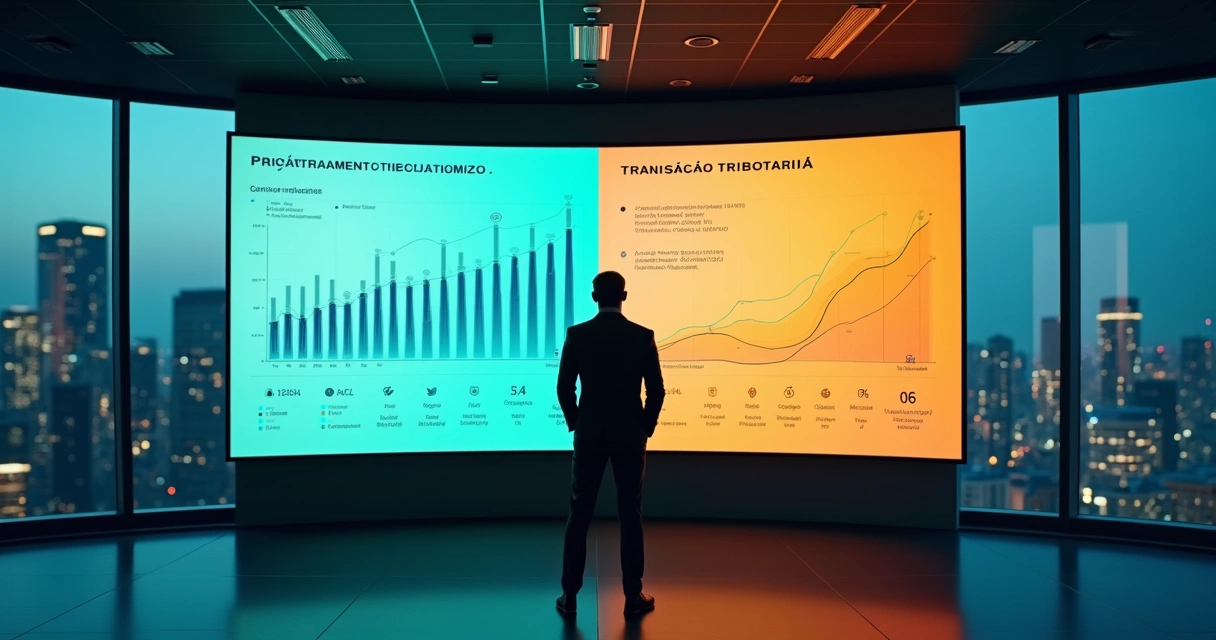 Gestor escolhendo entre duas alternativas fiscais em enorme painel digital 