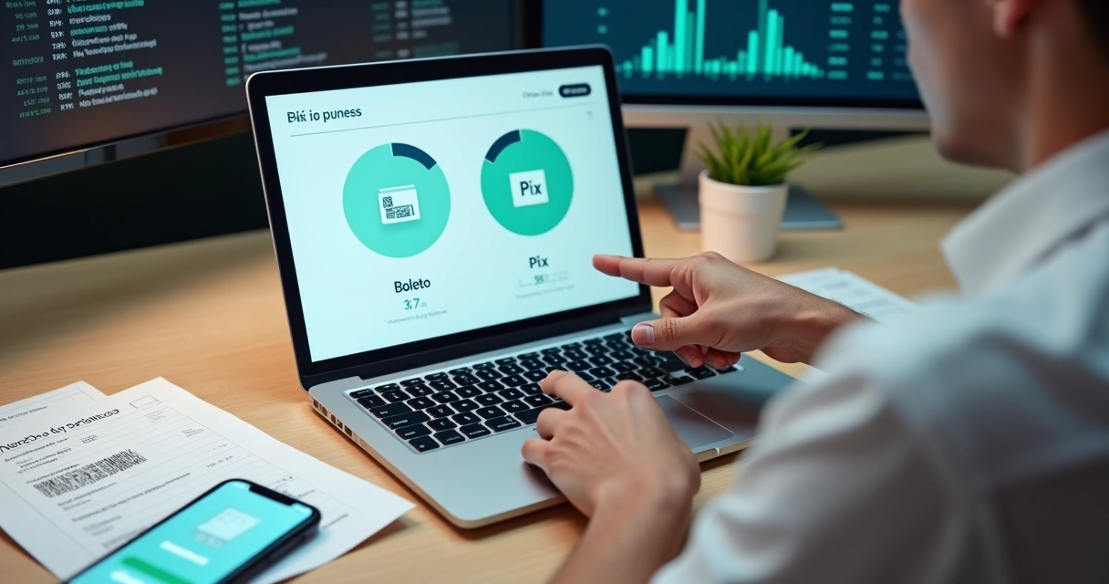 Empresário analisando pagamento por boleto ou Pix em notebook na mesa de trabalho 