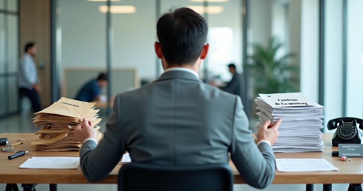 Empresário comparando endereço fiscal em contabilidade e escritório profissional em duas pilhas de documentos 