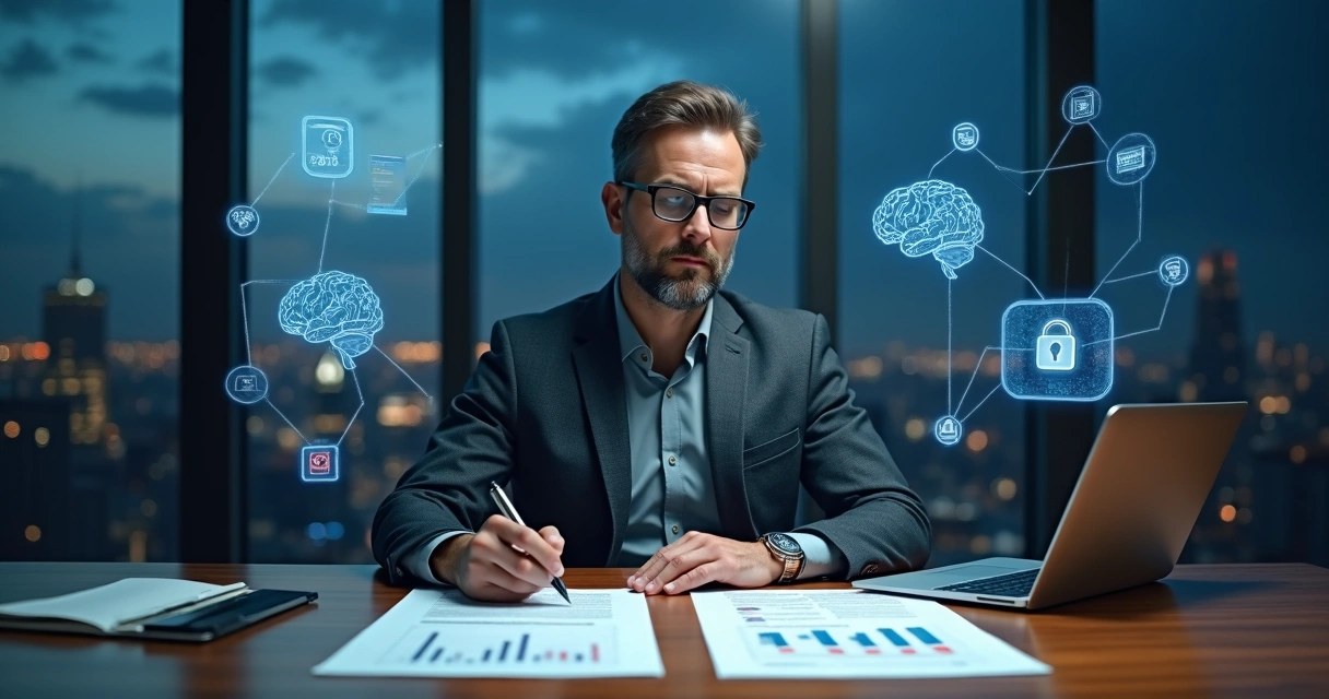 Empresário avaliando contratos de fornecedor de IA com hologramas tecnológicos ao fundo 