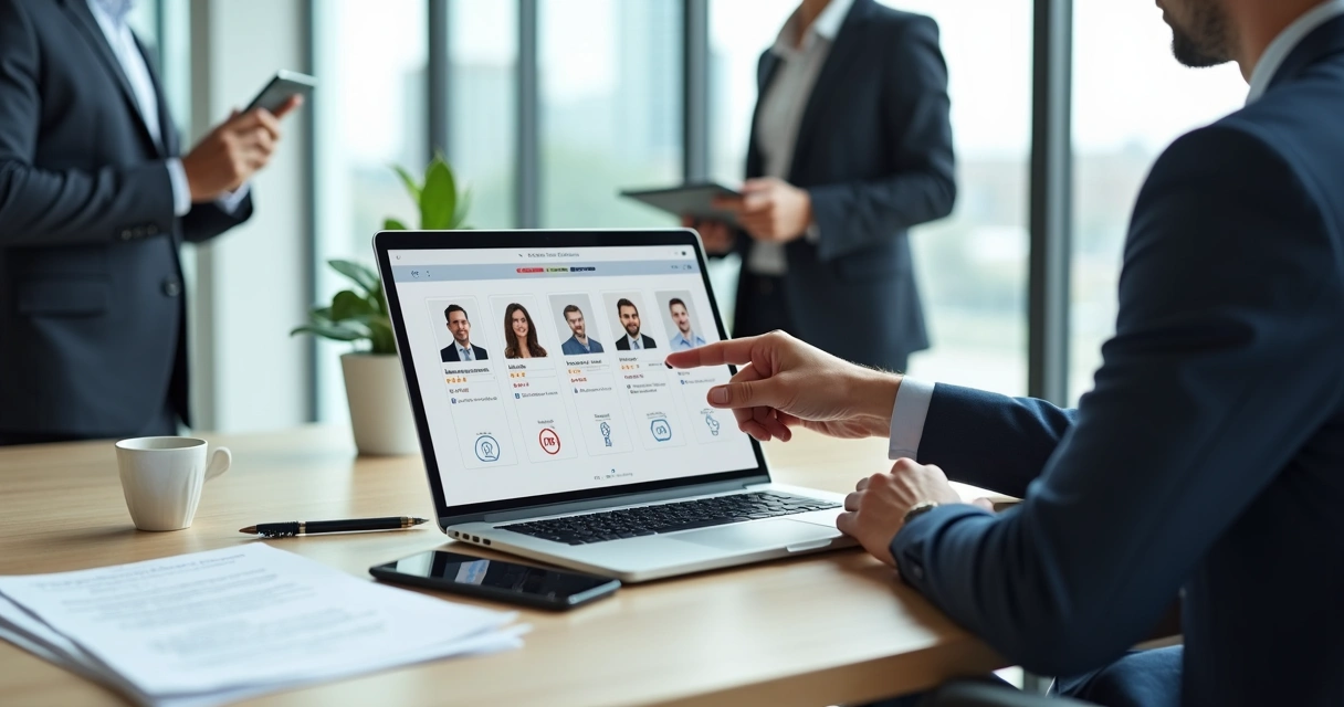 Empresário analisando perfis de procuradores de marcas em um laptop 