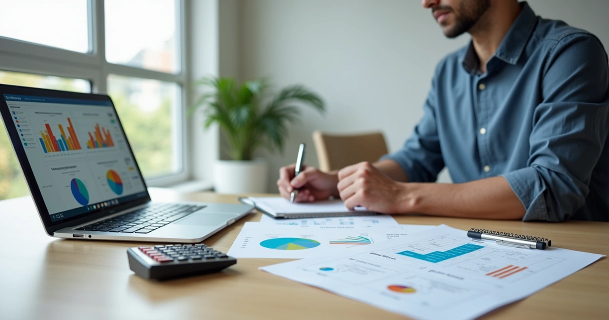 Empresário analisando gráficos fiscais em mesa de escritório moderna 