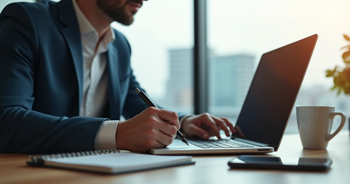 Empresário digitando em laptop 