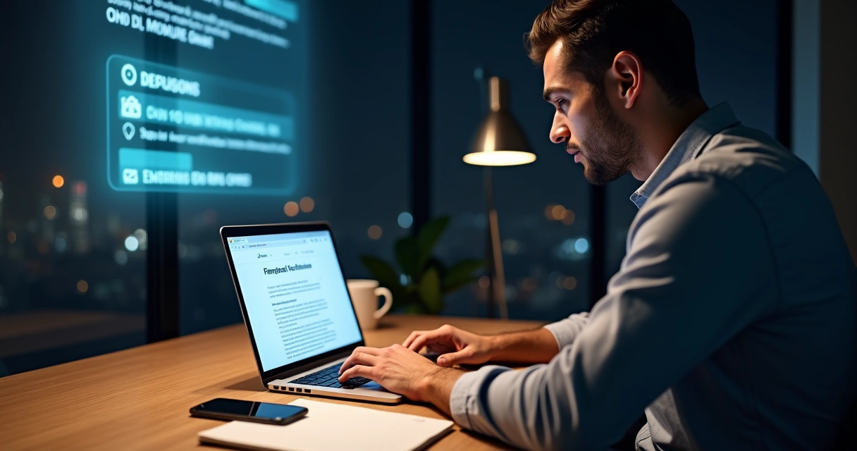 Empresário digitando newsletter em notebook à noite com caixa de entrada projetada ao fundo 