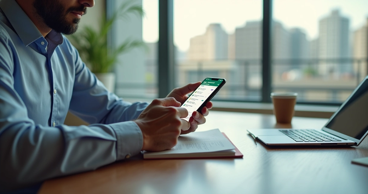 Empresário digitando mensagem em celular com interface do WhatsApp 