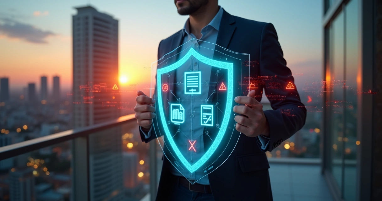 Gestor segurando escudo com ícones fiscais protegendo empresa ao fundo 