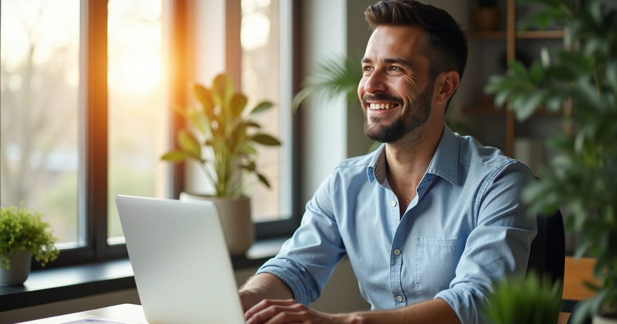 Empresário olhando para frente com positividade e computador aberto