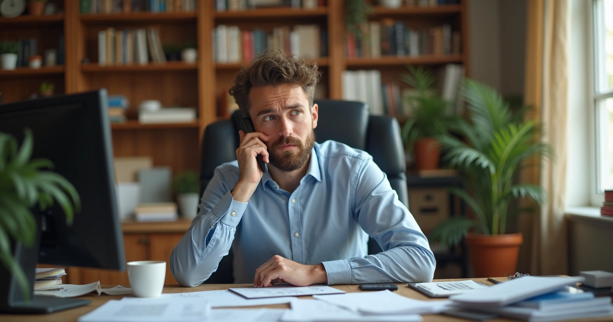 Empresário distraído mexendo no celular enquanto anota em caderno com papéis espalhados na mesa 