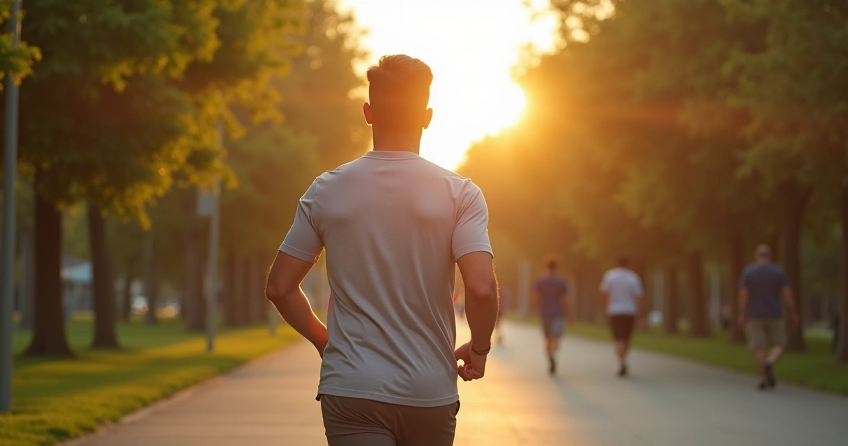 Homem de negócios caminhando de manhã cedo em parque urbano 