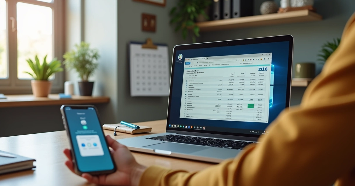 Empresário olhando extrato bancário digital enquanto conversa com o contador por videochamada 