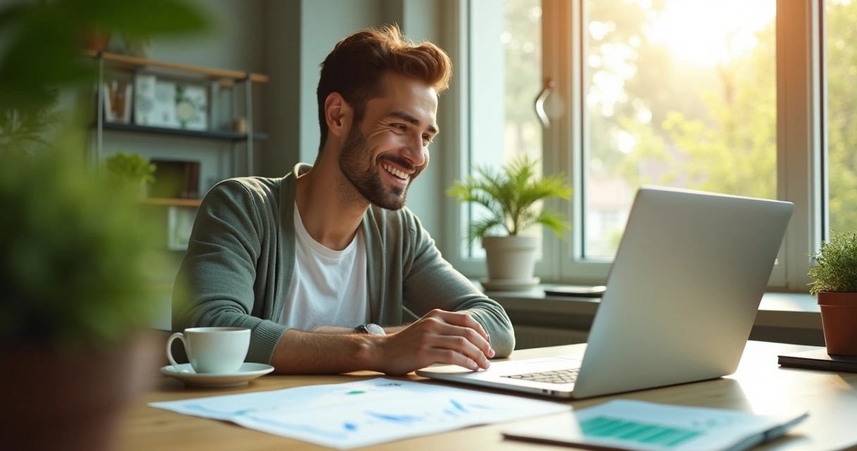 Empresário feliz sentado em mesa relaxando após automatizar o WhatsApp