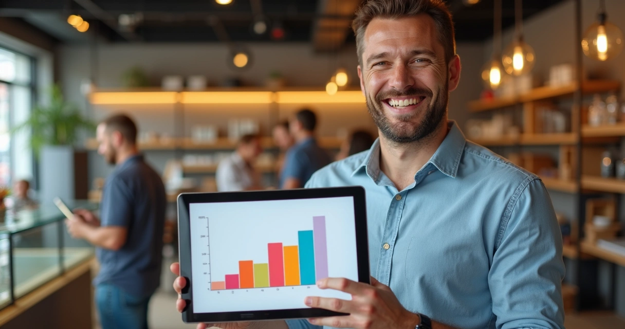 Dueño de negocio sonriendo, sosteniendo una tablet con gráfico de clientes fidelizados