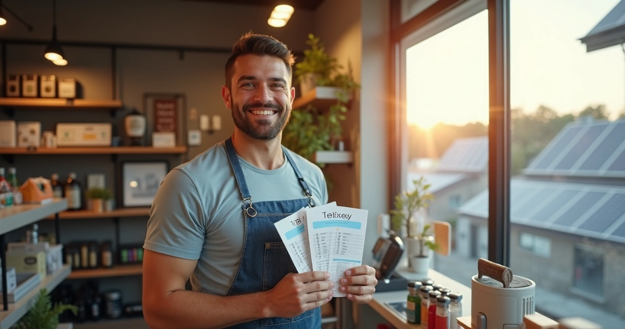 Dono de loja sorrindo ao lado das contas pagas 