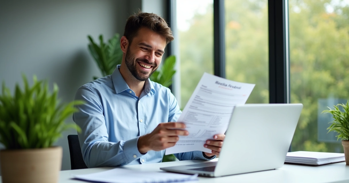 Empresário sorrindo em escritório moderno, olhando papéis de empresa regularizada 