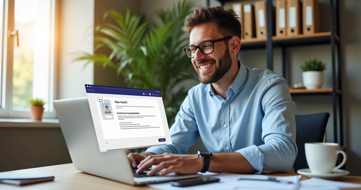 Empresário satisfeito usando notebook para emitir nota fiscal online 