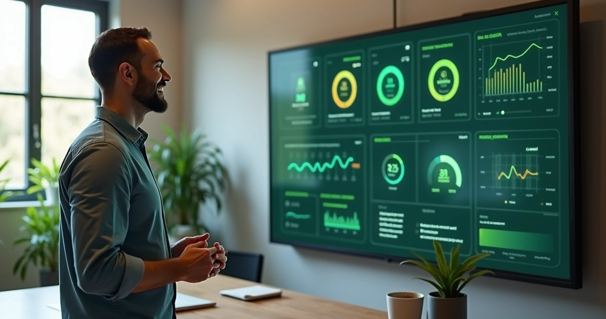 Empresário satisfeito em frente a painel de controle digital 