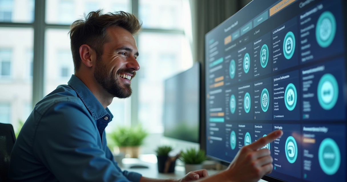 Empresário satisfeito olhando rapidamente para muitos projetos prontos no painel W8 Hub. 