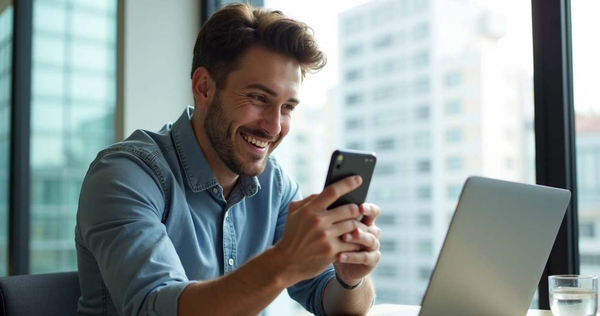 Empresário sorrindo ao telefone resolvendo questões contábeis 