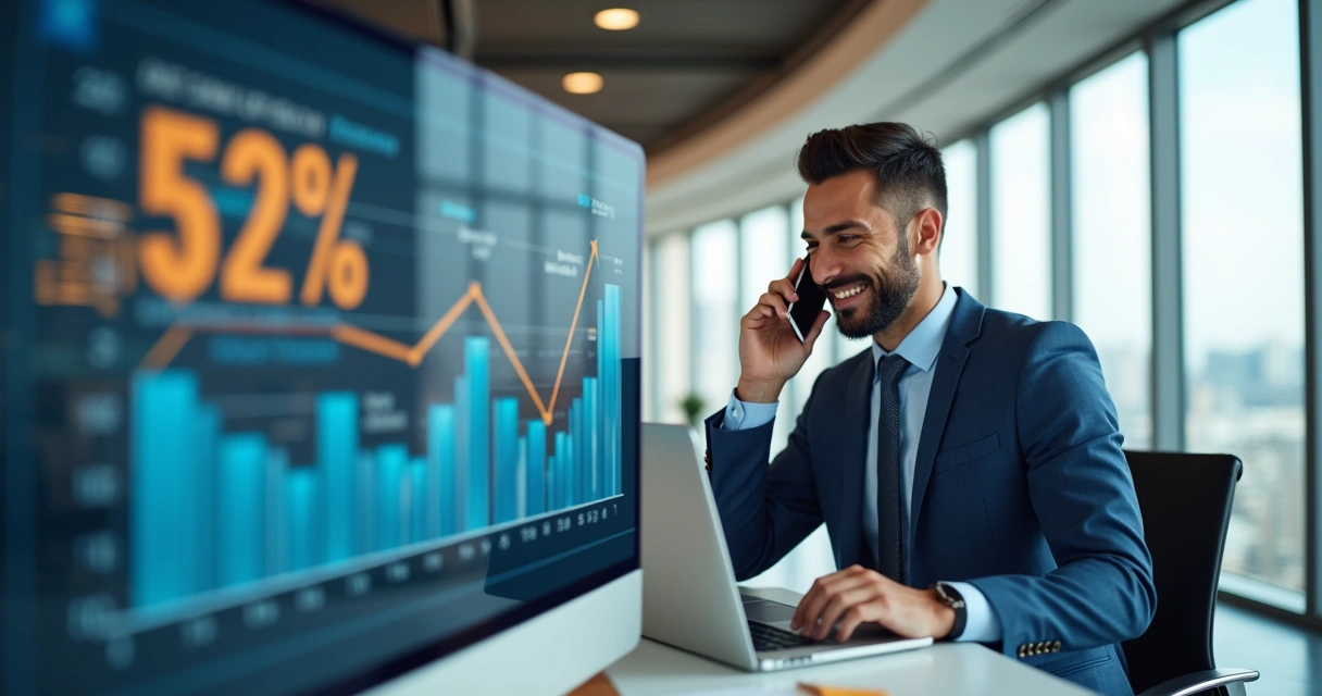 Empresário satisfeito com telefone digital e gráficos de economia 